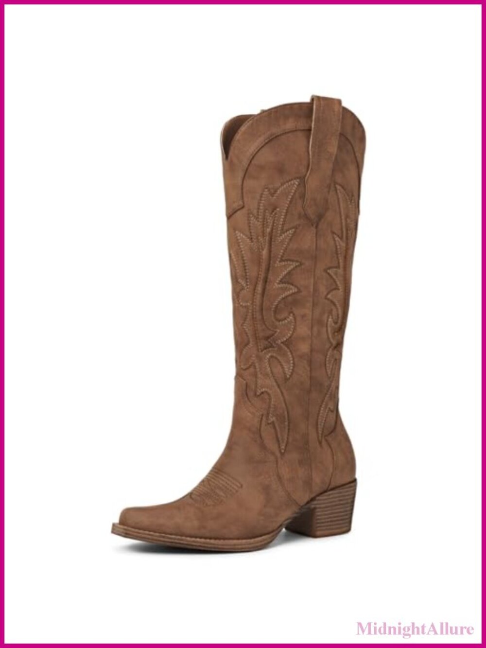Knee High Cowboy Boots Pointed Toe Embroidered Chunky Heel